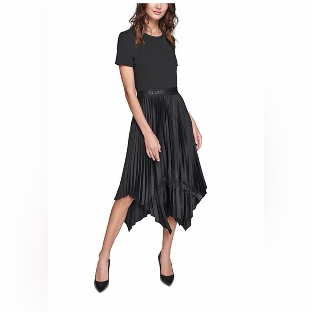 NWT. Karl Lagerfeld Monogramed Mixed-Media Pleated Midi Dress - Picture 2 of 10